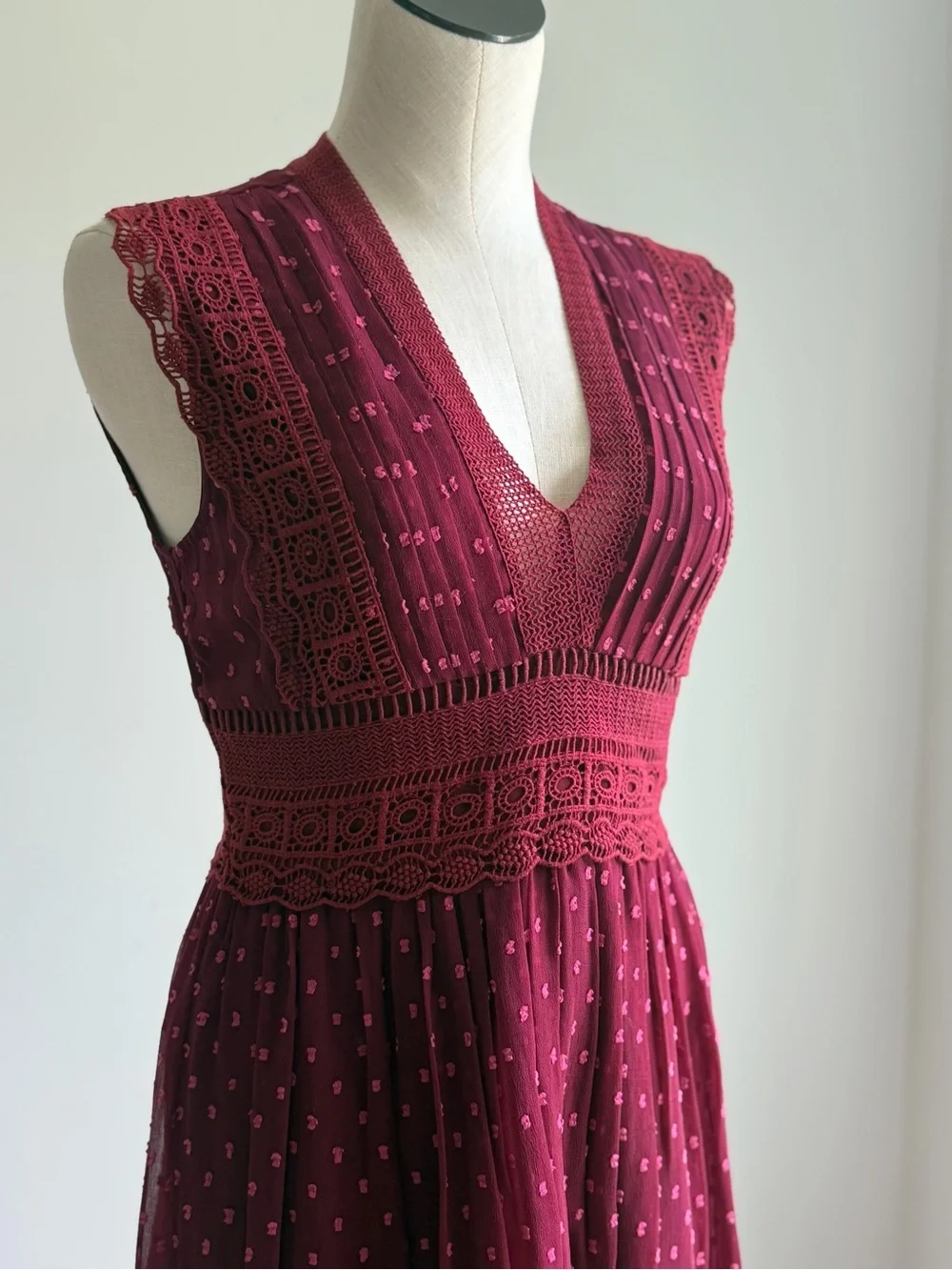 Ranna Gill Wine Red Lace-Trim V-Neck Mini Dress